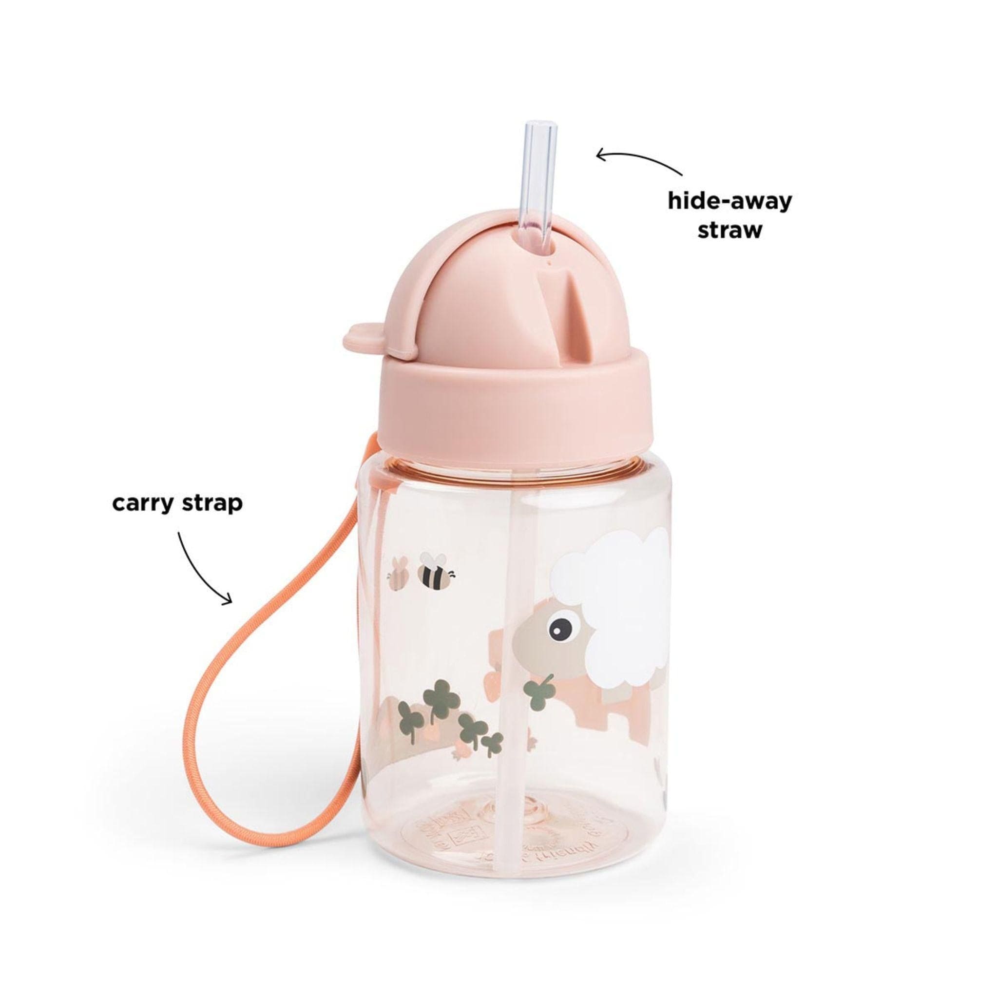 Done By Deer Straw Bottle 280ml, Tiny Farm - Powder Pink