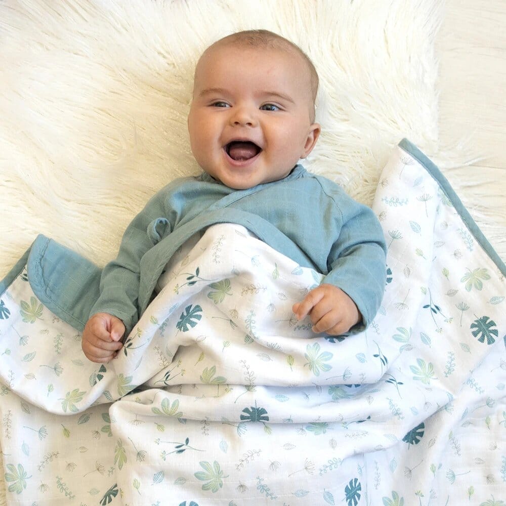 Living Textiles Organic Muslin Cot Blanket - Banana Leaf/Teal Living Textiles Organic Muslin Cot Blanket - Banana Leaf/Teal