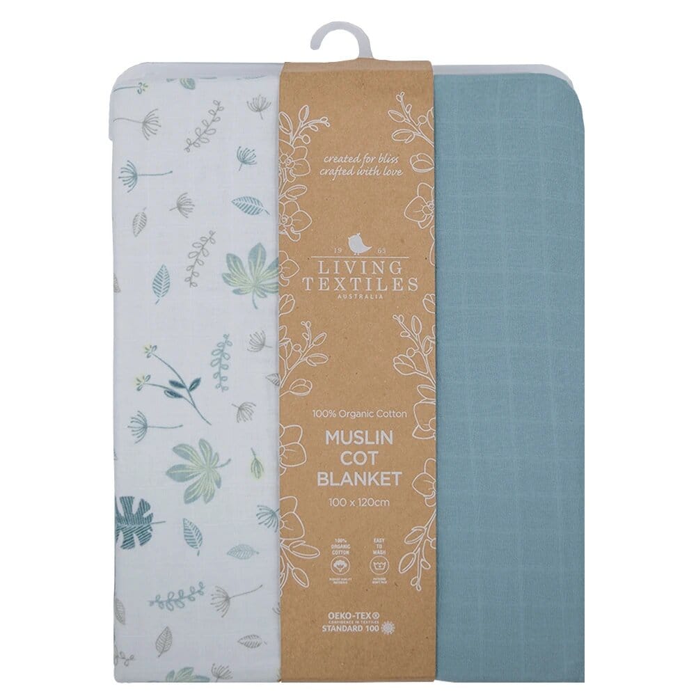 Living Textiles Organic Muslin Cot Blanket - Banana Leaf/Teal Living Textiles Organic Muslin Cot Blanket - Banana Leaf/Teal