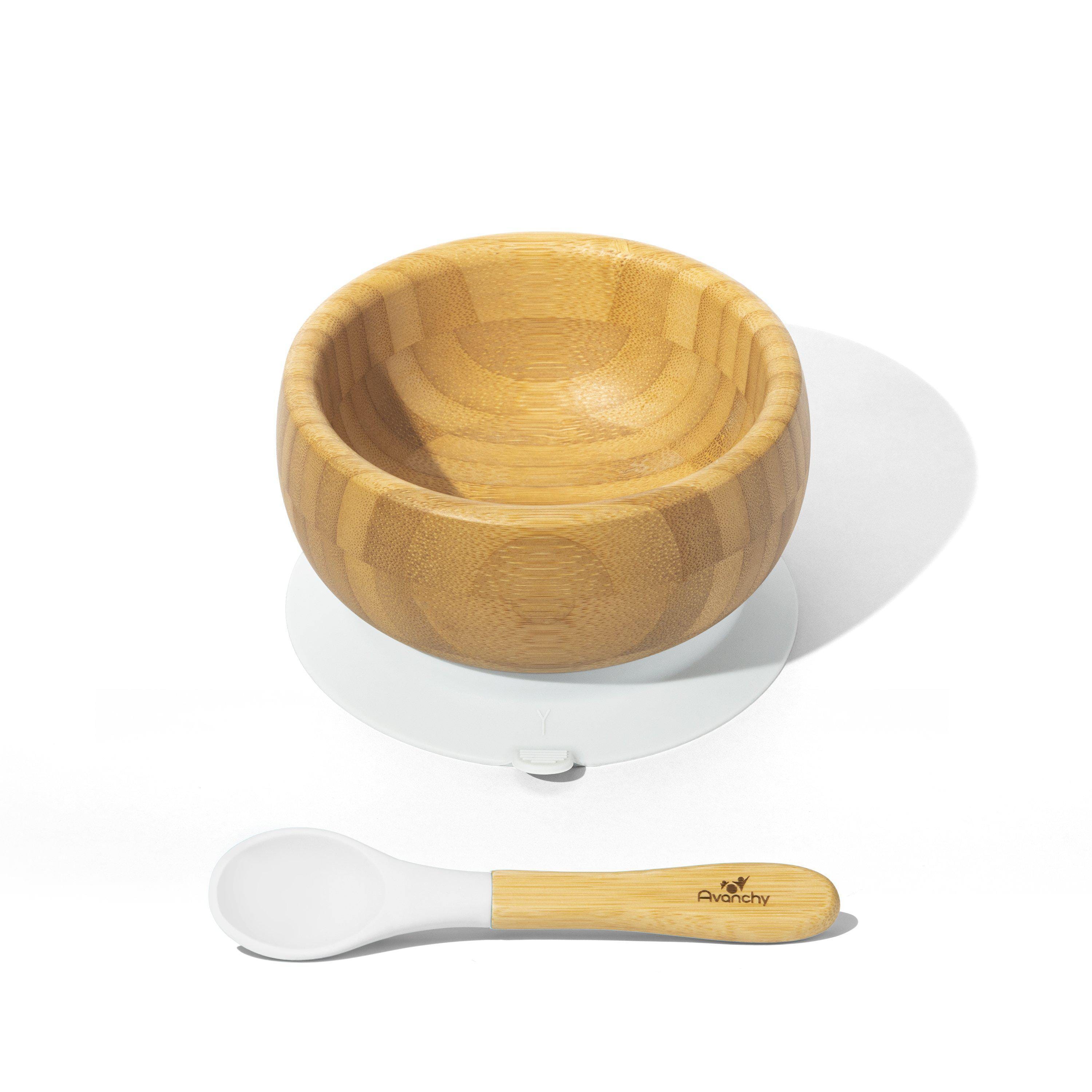 Avanchy Bamboo Suction Baby Bowl + Spoon White AV-BBLS-WT