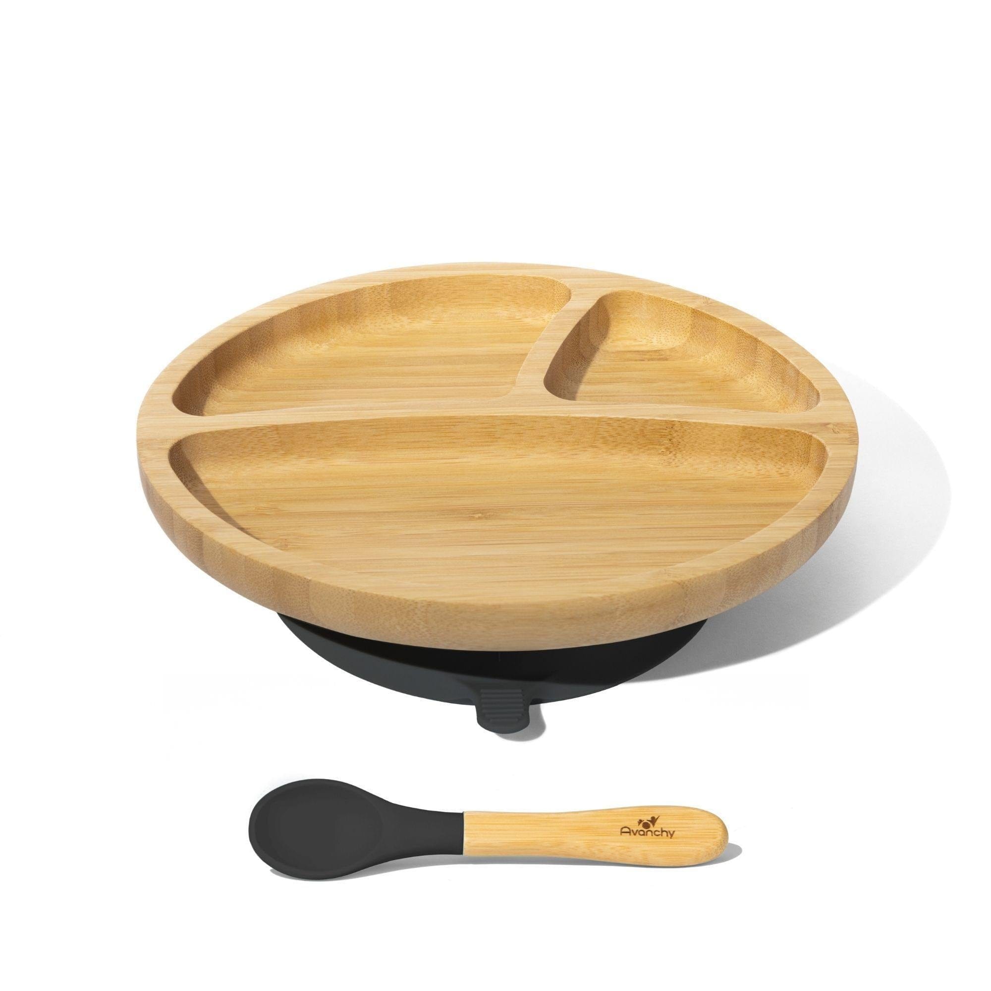 Avanchy Bamboo Divided Suction Toddler Plate + Spoon Black AV-BTPL-DIV-BK