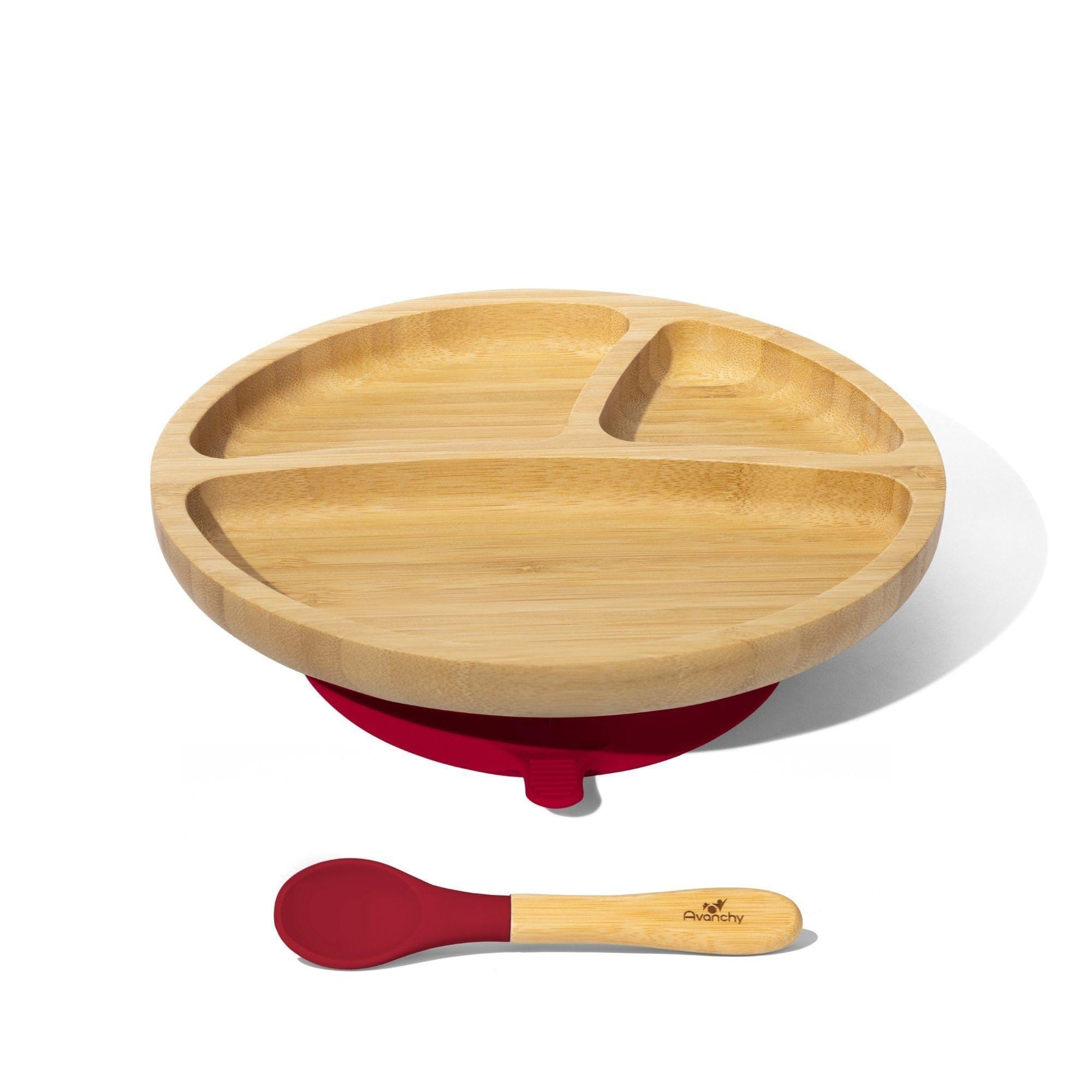 Avanchy Bamboo Divided Suction Toddler Plate + Spoon Magenta AV-BTPL-DIV-MAG