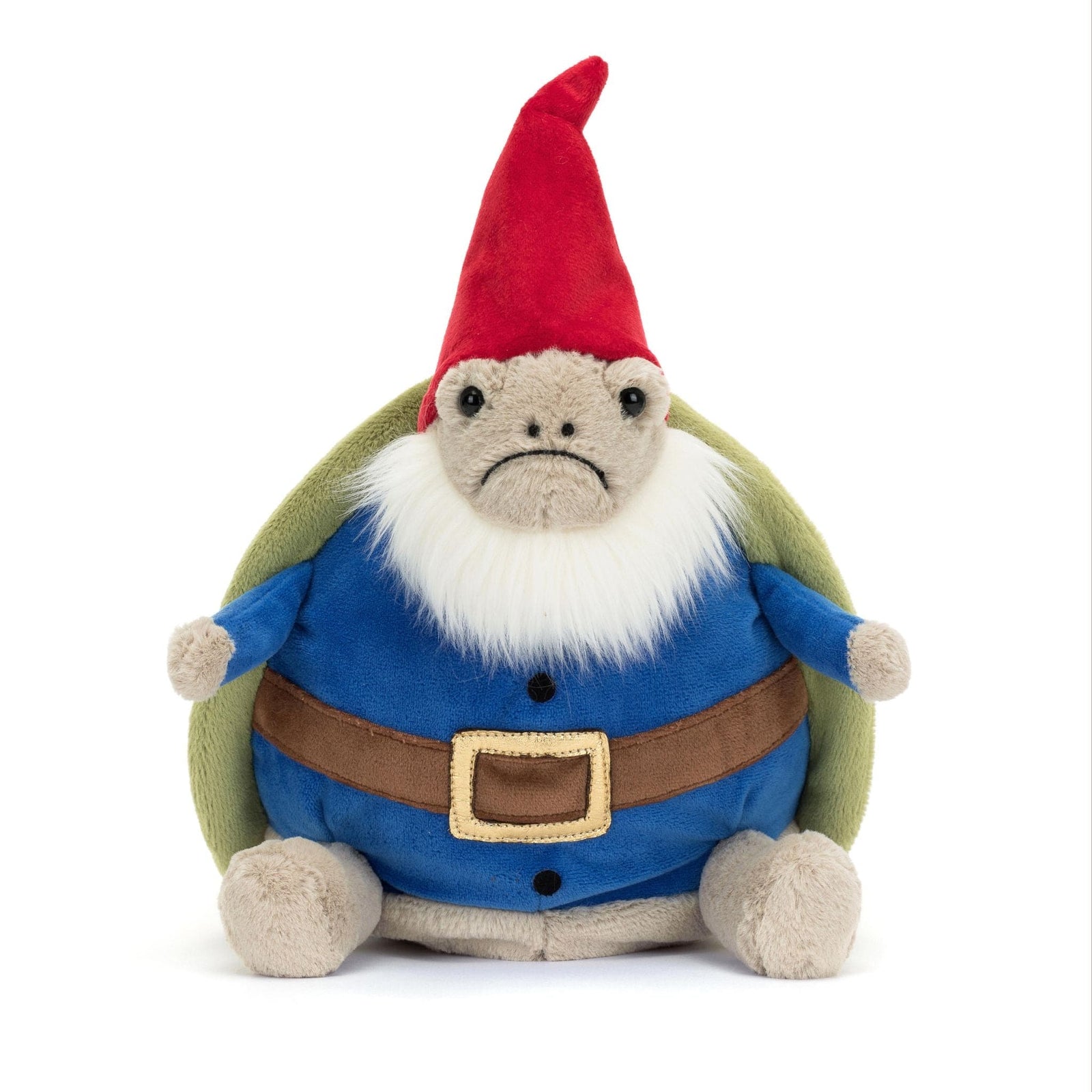 28cm Jellycat Timmy Turtle soft toy dressed as a garden gnome with a green shell, fluffy white beard, pointy red hat, and a chunky dark belt.