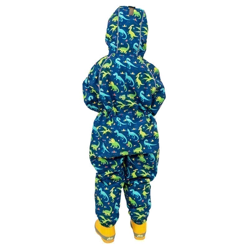 Children's dinosaur-themed snowsuit on a white background