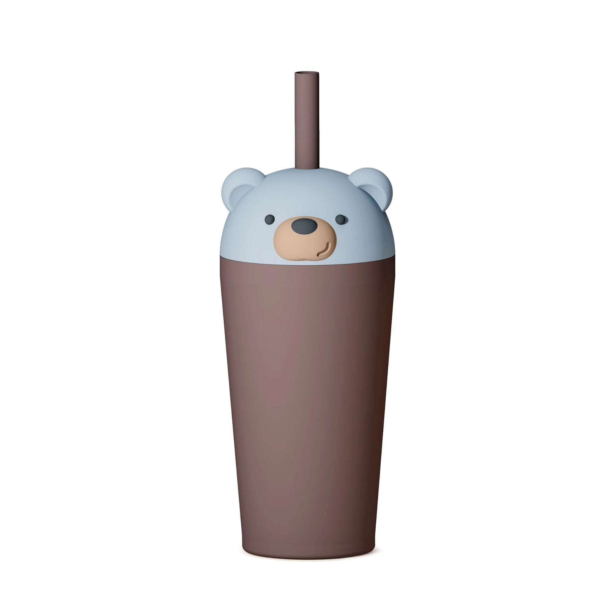 Brown tumbler with a bear face design on a white background