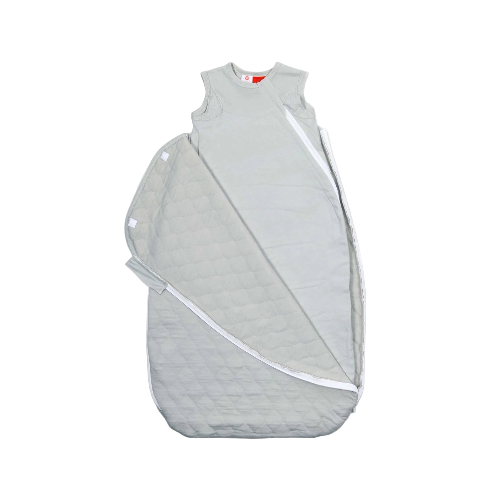 Gray baby sleeping bag with white trim on a white background