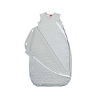 Gray baby sleeping bag with white trim on a white background