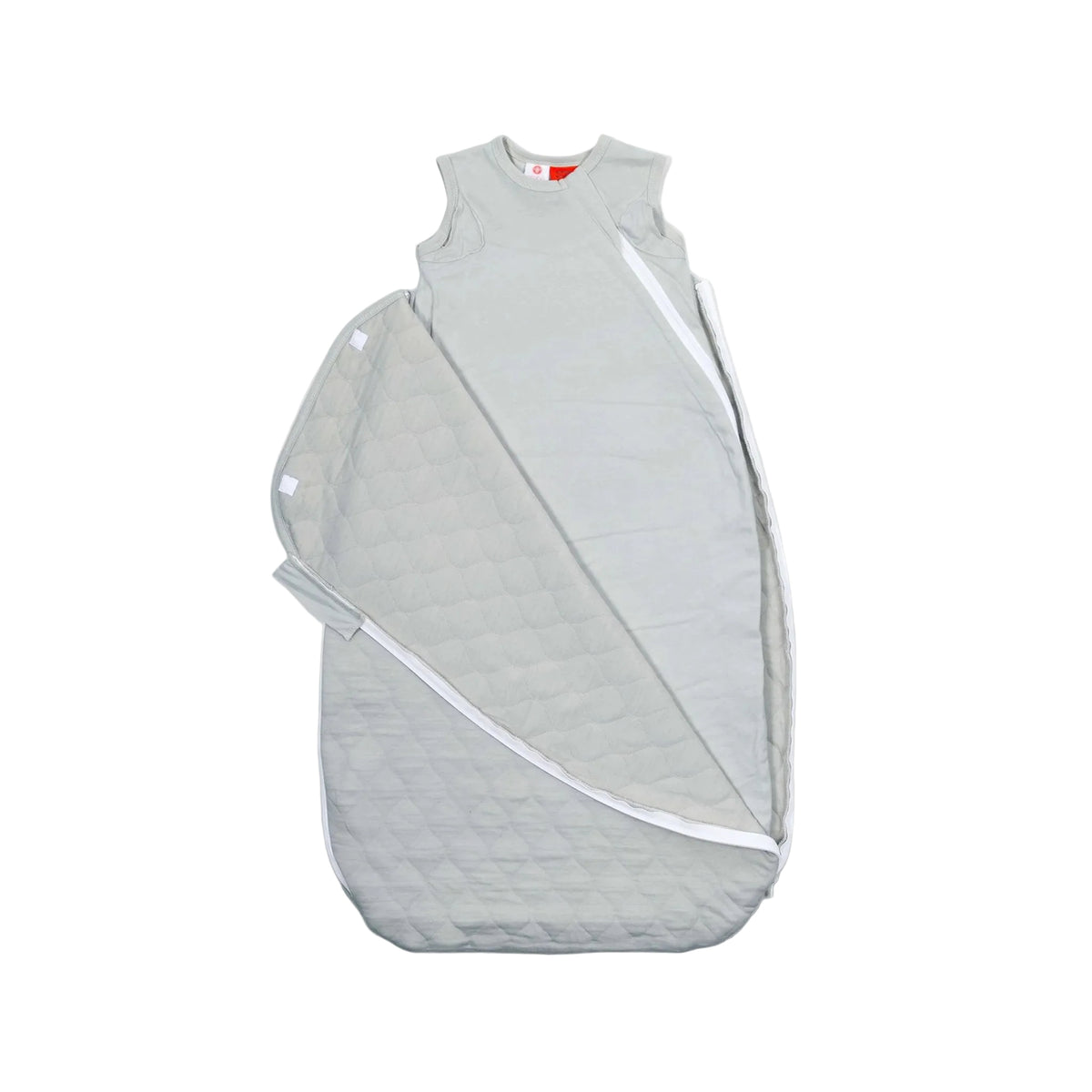 Gray baby sleeping bag with white trim on a white background
