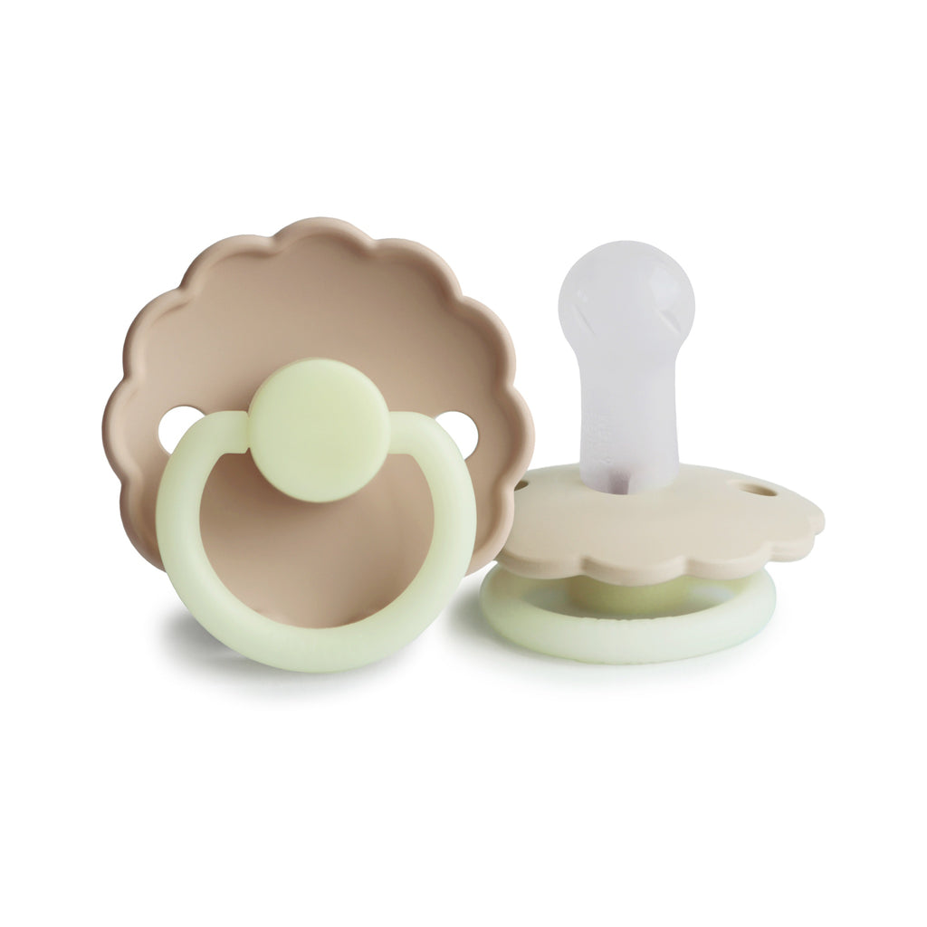 FRIGG Daisy Round Night Silicone Pacifier 2-Pack | Glow-in-the-Dark Scalloped Design