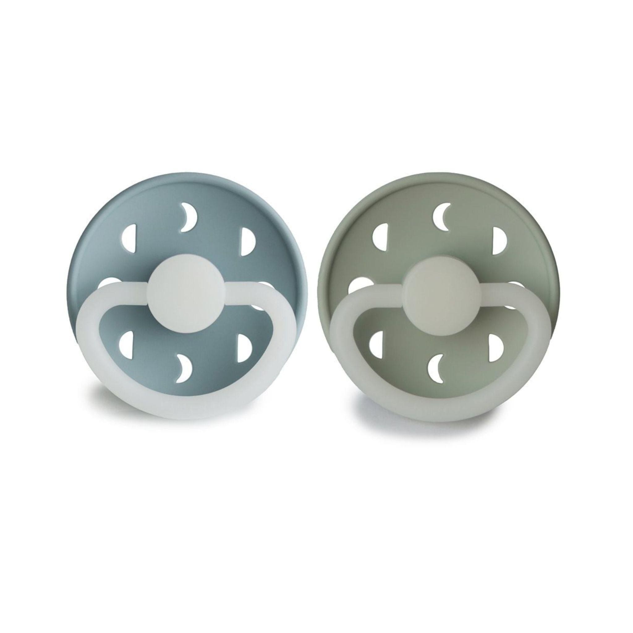 FRIGG Moon Phase Night Pacifier Round 2-Pack Silicone - Size 1 (0-6 Months) - Stone Blue & Sage
