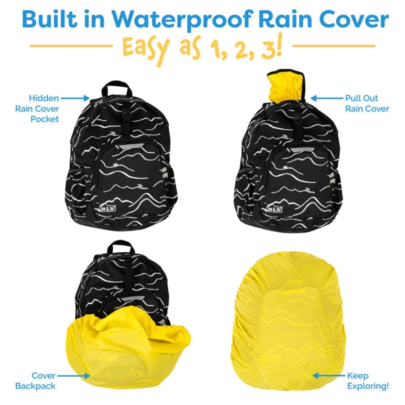 Jan & Jul Little Kids Water-Resistant Backpack with Built-In Waterproof Rain Cover
