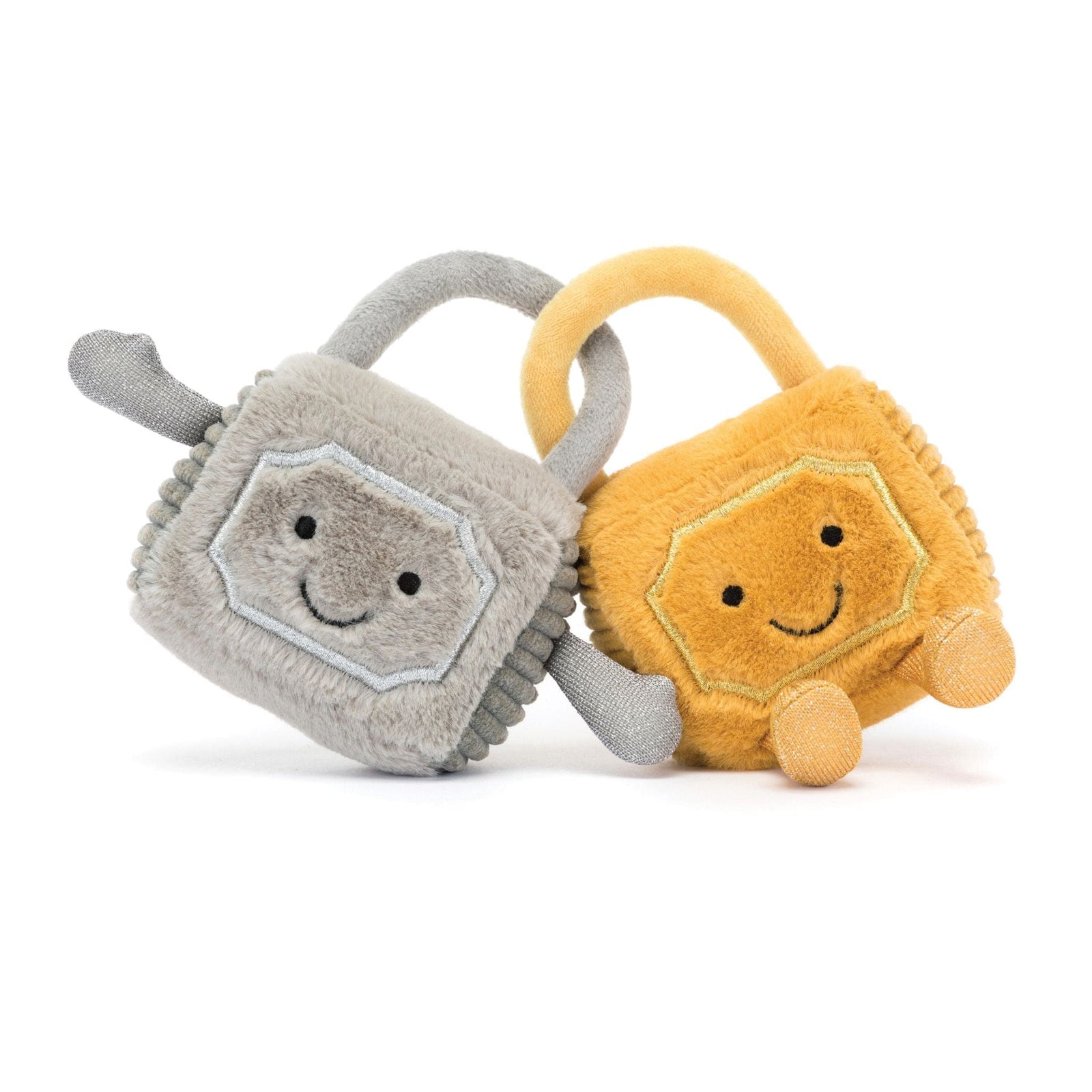 14cm Jellycat Amuseables Love Locks soft toy featuring an inseparable pair of gold and silver metallic padlocks holding hands, with soft cordy details and sweet smiling faces.