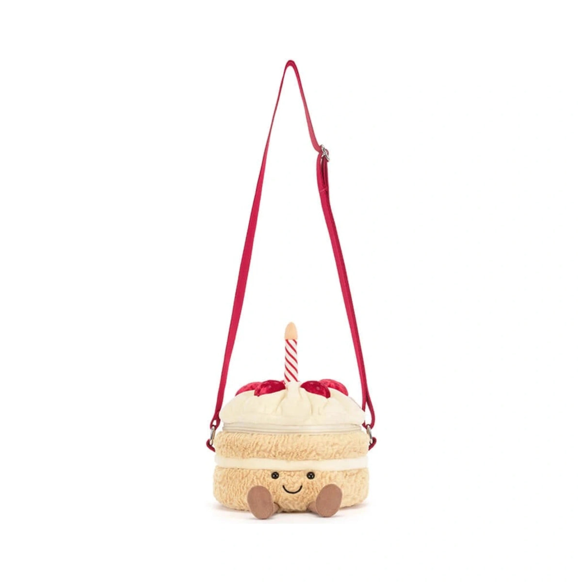 Jellycat Amuseables Birthday Cake Bag 18cm featuring an embroidered smile, plush icing, and corduroy boots.
