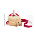 Jellycat Amuseables Birthday Cake Bag 18cm with 15cm height ruler and smartphone scale guide.