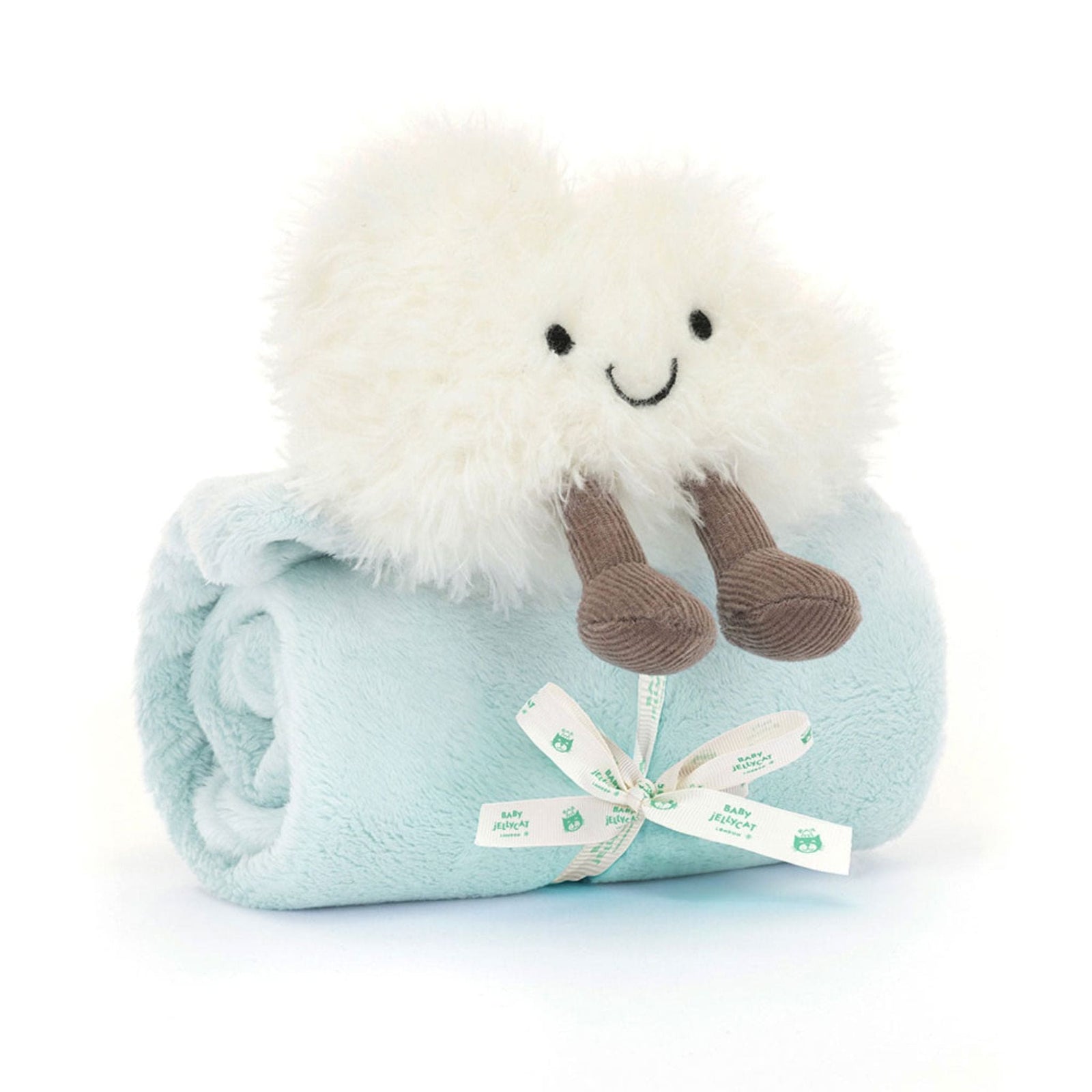34cm Jellycat Amuseables Cloud Soother featuring a smooth neutral blanket attached to a soft, pillowy white cloud with a gentle smiling face and little cordy feet.