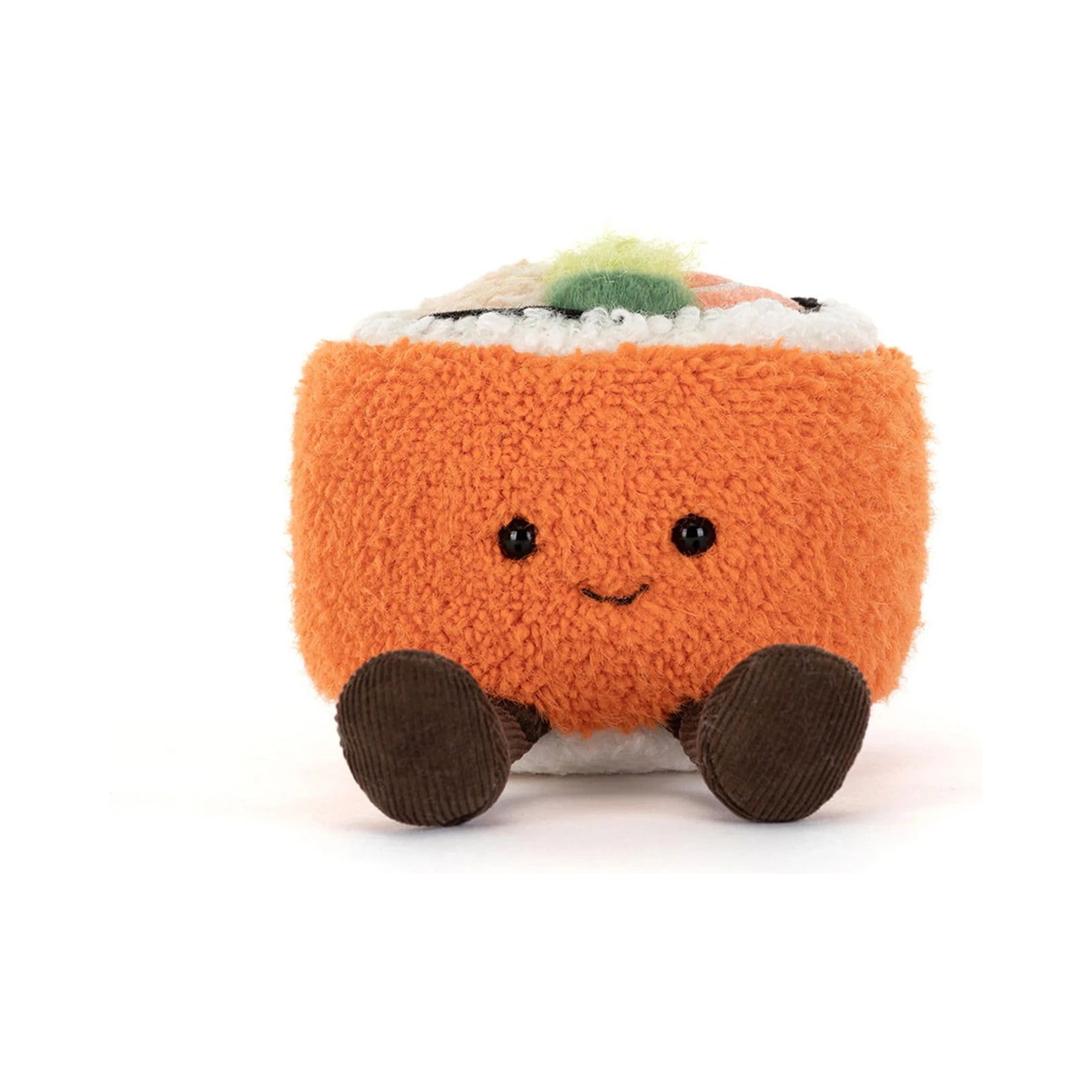 A Jellycat Amuseables Codhi Californian Roll plush toy featuring a fuzzy orange textured body, smiling face, dark brown corduroy feet, and a white rice top with green and pink fillings.