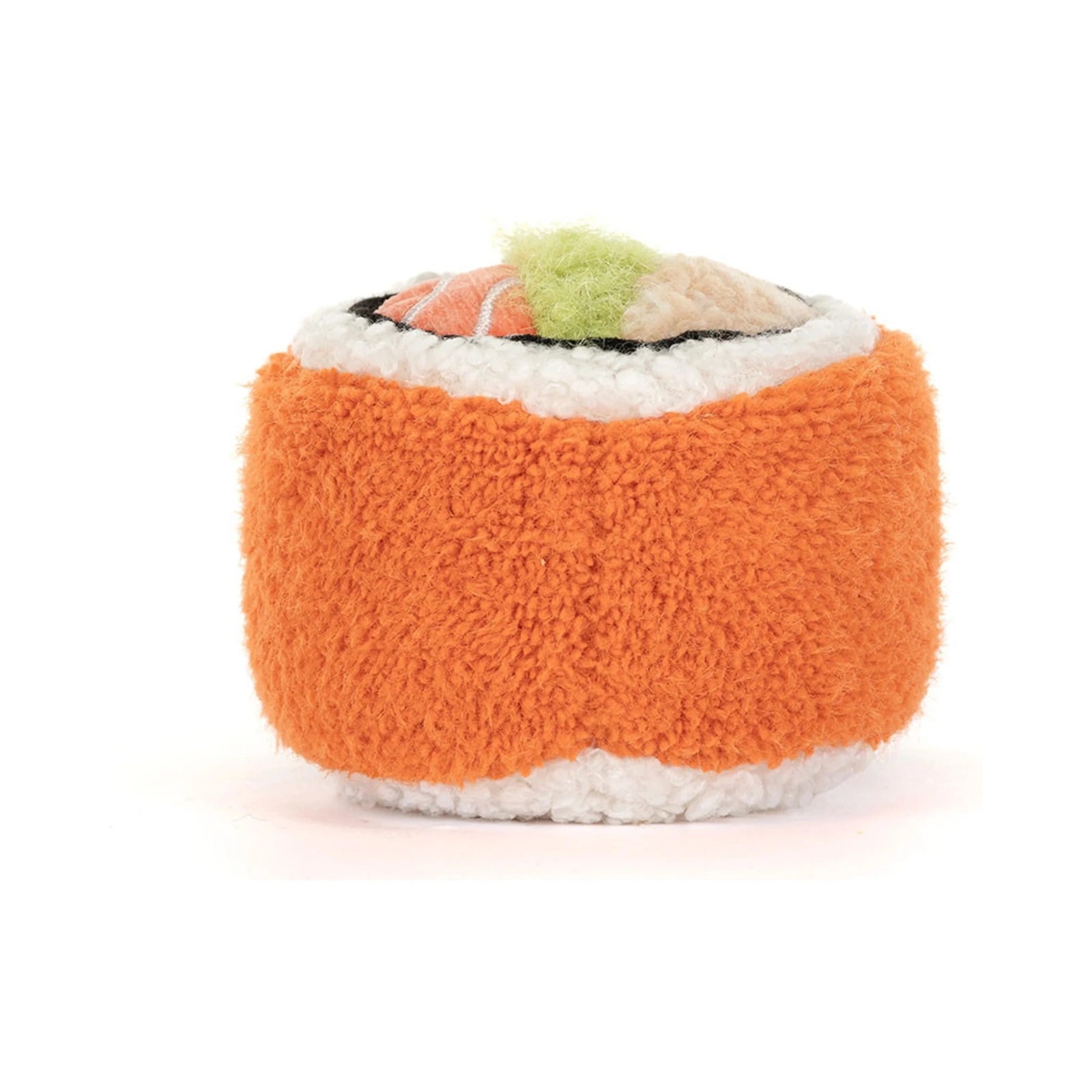 A Jellycat Amuseables Codhi Californian Roll plush toy features a textured orange outer band, white rice details, and colorful fillings including pink salmon, green avocado, and beige ginger on top.