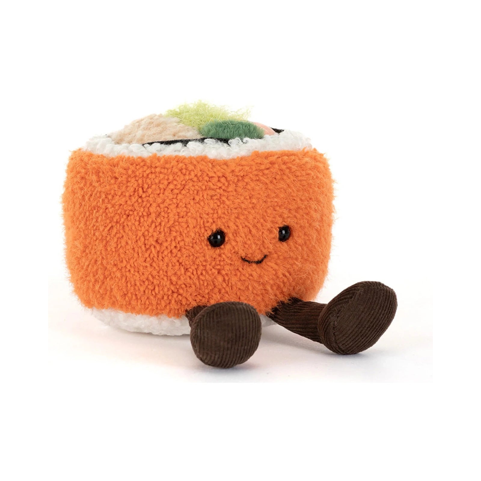 The Jellycat Amuseables Codhi Californian Roll plush toy features a textured orange body, white fuzzy rice layers, colorful toppings, a happy stitched face, and brown corduroy legs.