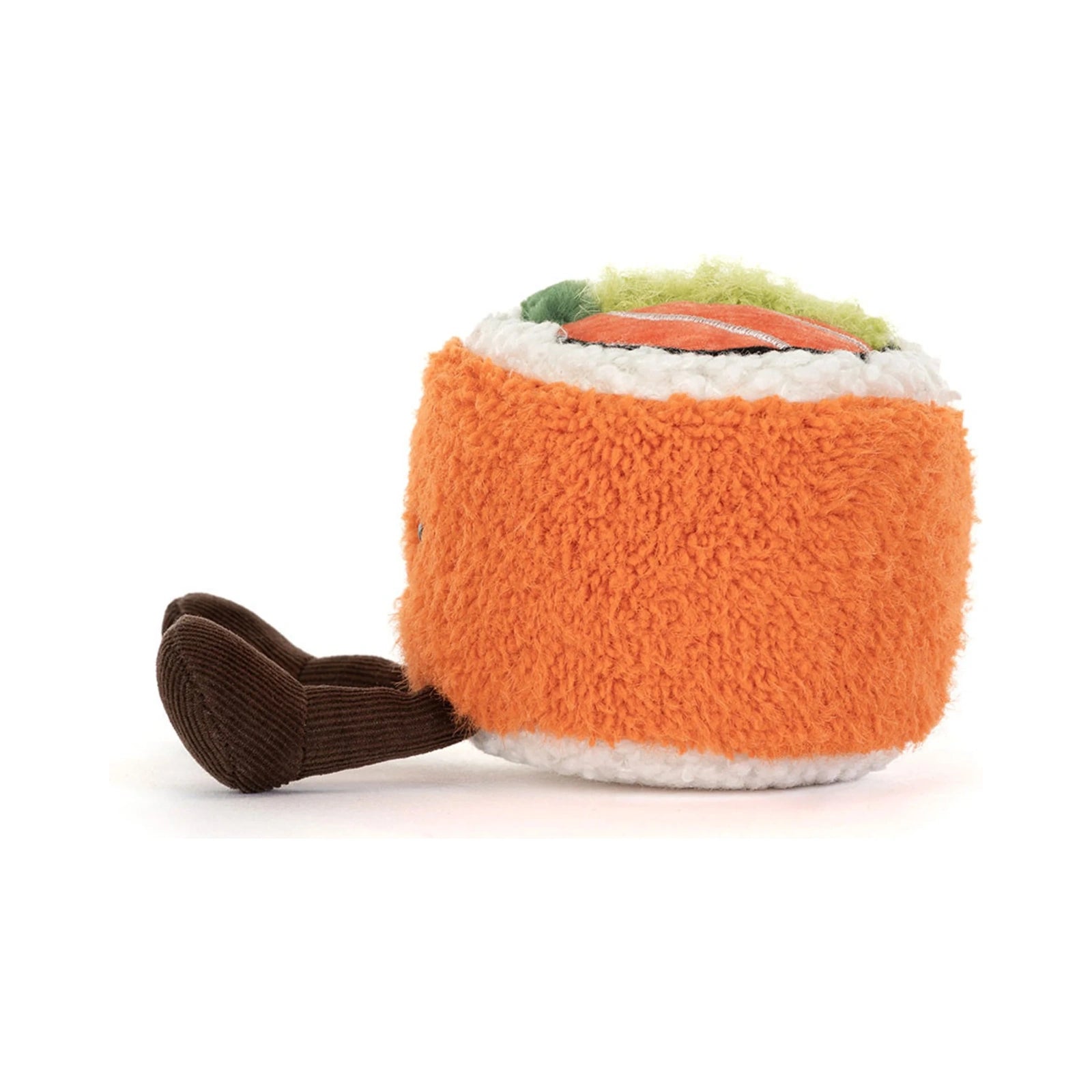 A side view of the Jellycat Amuseables Codhi Californian Roll plush toy with a bright orange textured exterior, white rice borders, and a colorful filling of green and orange on top, complete with dangling dark brown corduroy legs.