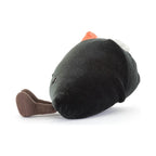 A side view of the Jellycat Amuseables Coneroi Temaki plush toy featuring a cone shaped black body with brown corduroy legs and orange toppings visible at the top.