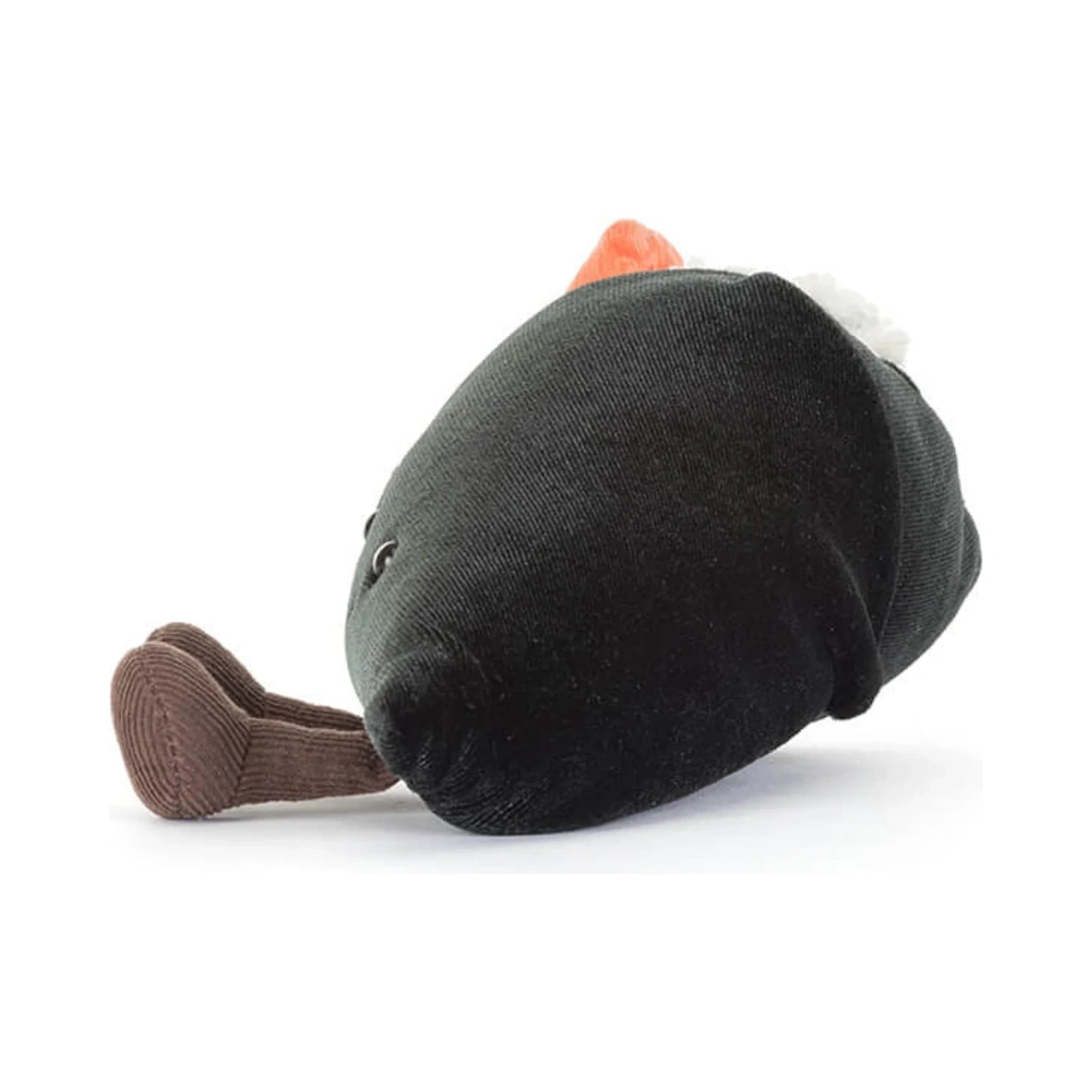 A side view of the Jellycat Amuseables Coneroi Temaki plush toy featuring a cone shaped black body with brown corduroy legs and orange toppings visible at the top.