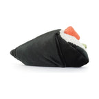 A back view of the Amuseables Coneroi Temaki sushi roll plush toy by Jellycat featuring a black velvet nori wrap filled with textured white rice, an orange salmon slice, and green cucumber fillings.