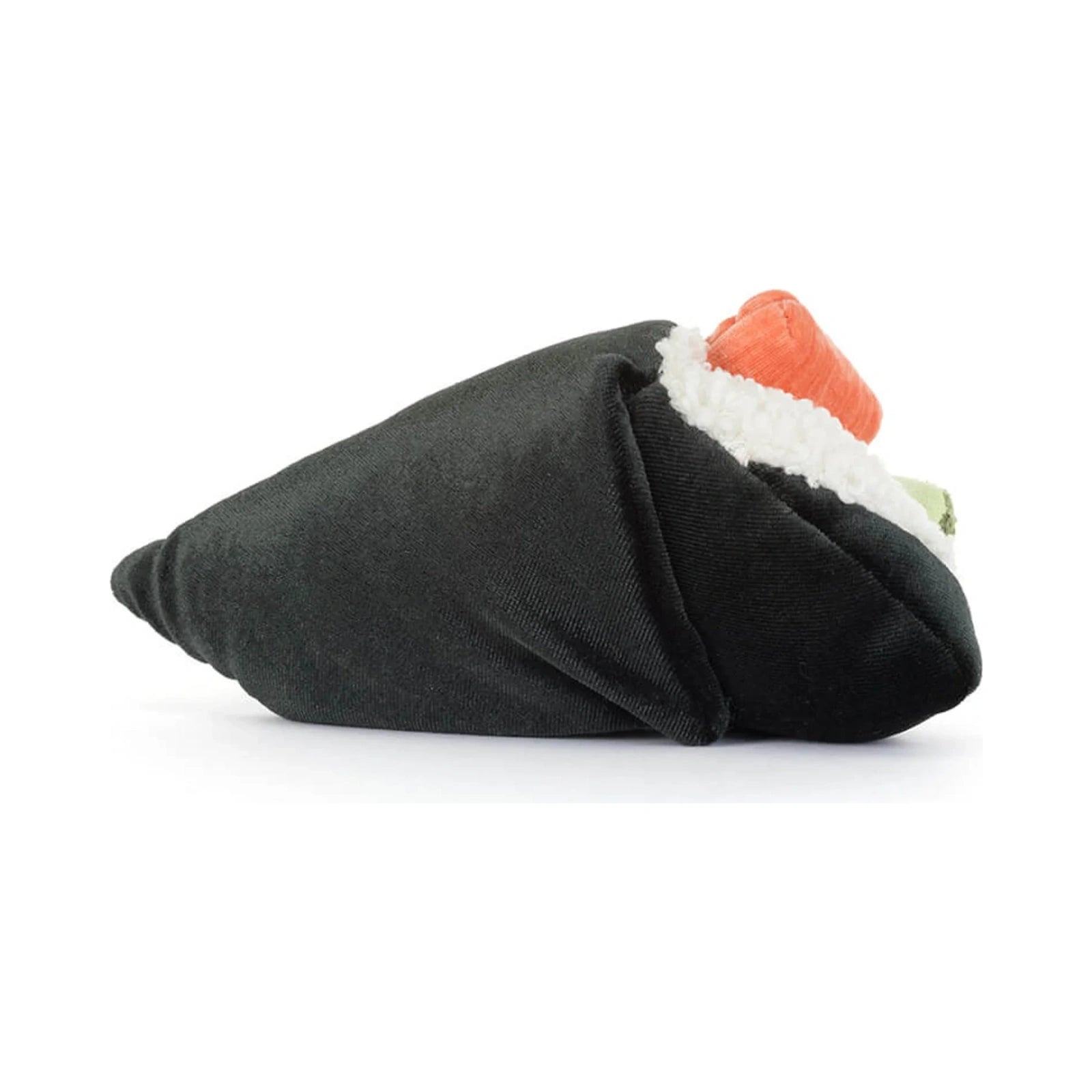 A back view of the Amuseables Coneroi Temaki sushi roll plush toy by Jellycat featuring a black velvet nori wrap filled with textured white rice, an orange salmon slice, and green cucumber fillings.