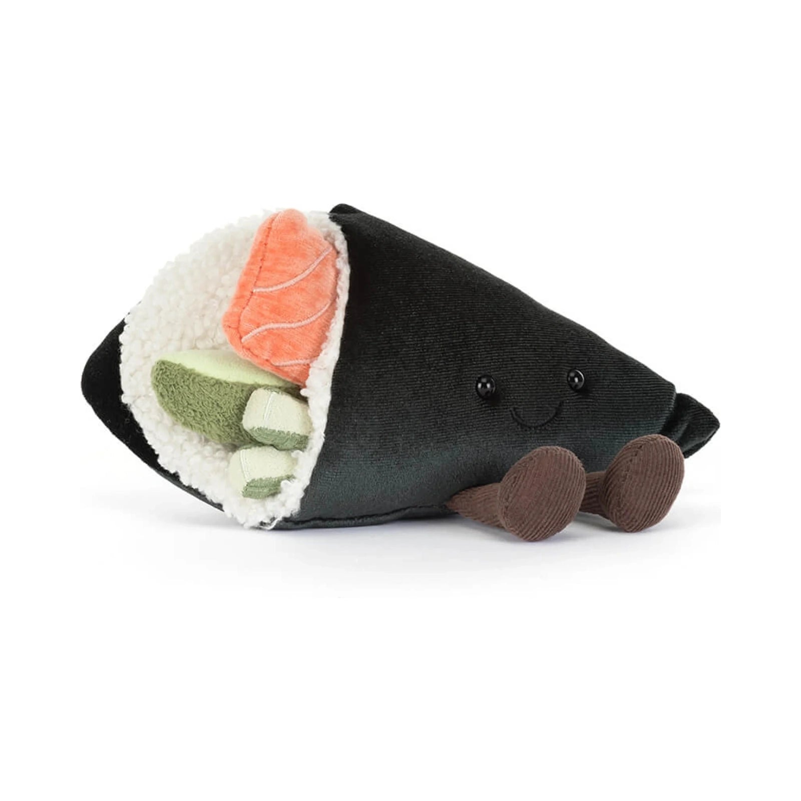 The Jellycat Amuseables Coneroi Temaki plush toy features a dark green velvet seaweed wrap, fluffy white rice, orange salmon, green avocado, and a smiling face with little brown corduroy legs.