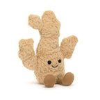Front view of Jellycat Amuseables Ginger showing soft plush ginger root body and brown corduroy feet.
