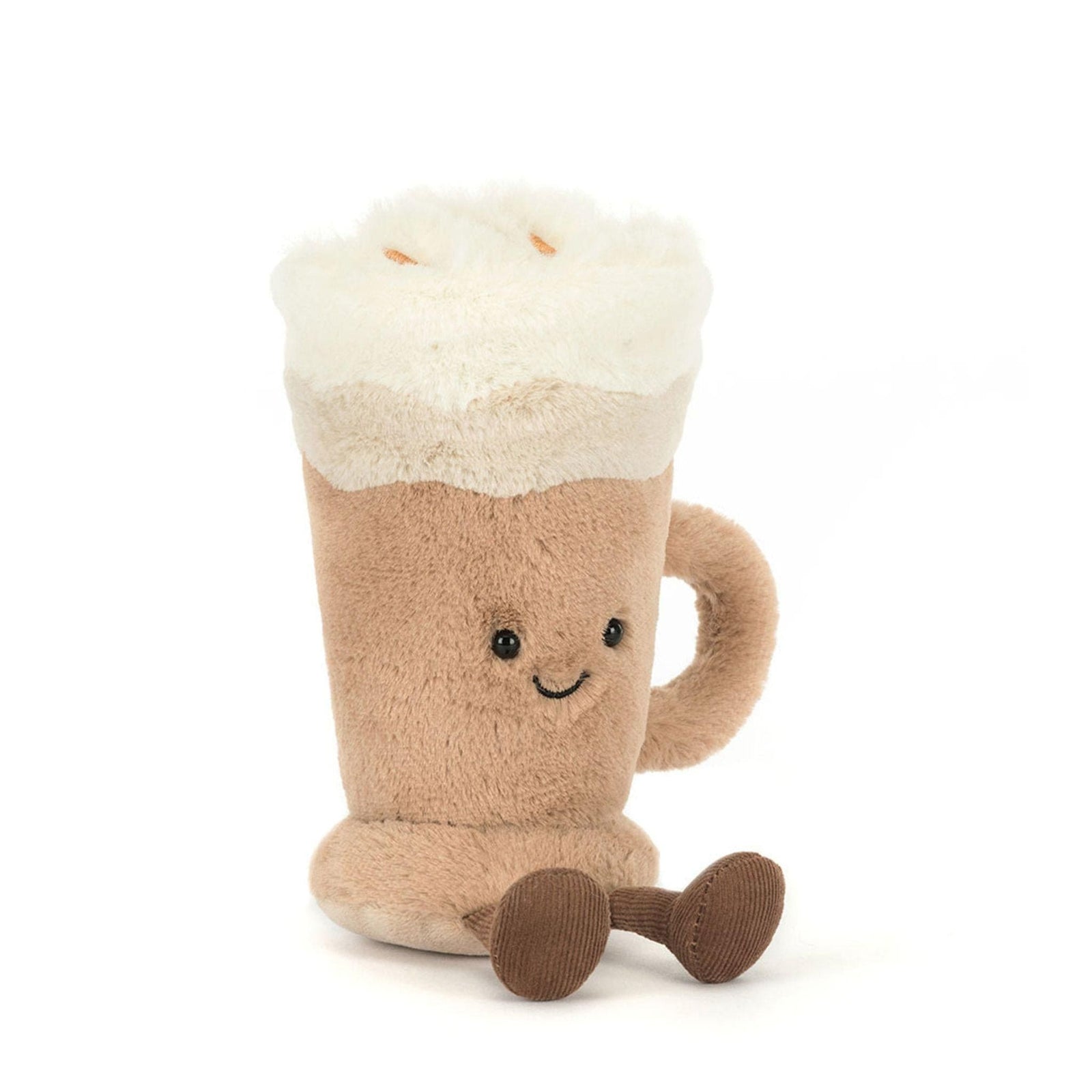 A soft plush latte cup with beige and cream layers, topped with fluffy white whipped cream, featuring a happy smiling face and ribbed brown corduroy legs.