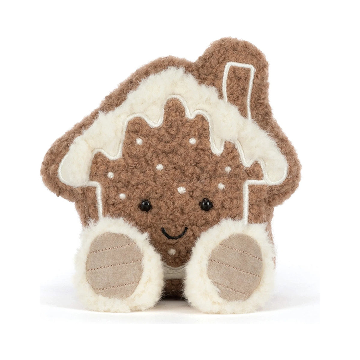 Front view of Jellycat Amuseables Molasi Cookie showing smiling embroidered face with dotted.