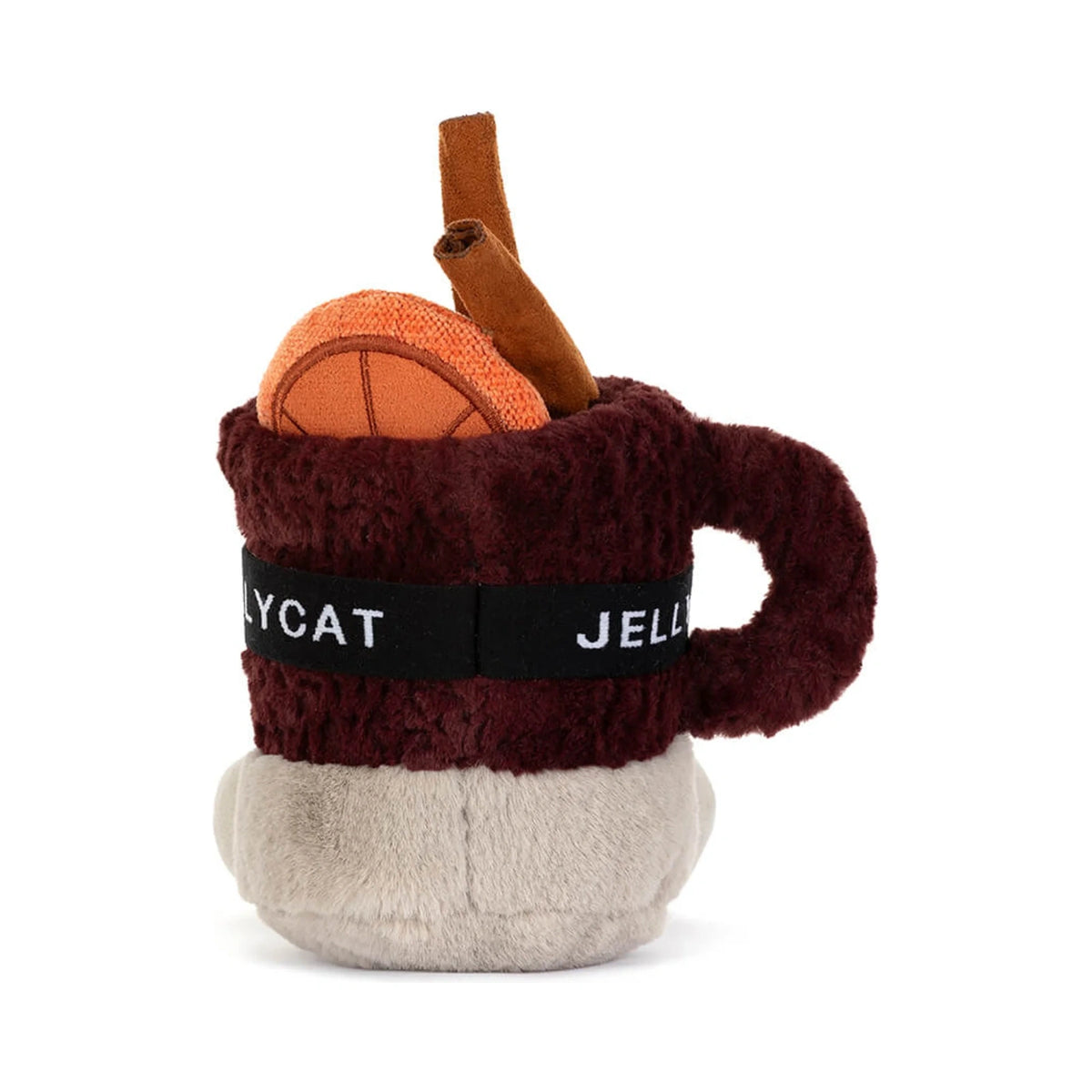 Back view of Jellycat Amuseables Mullover Spiced Drink showing brown plush cinnamon stick garnish.