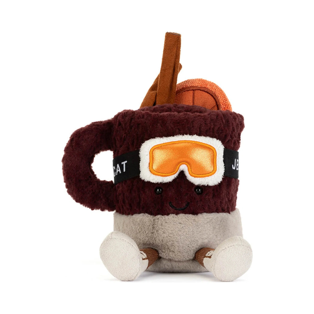 Front view of Jellycat Amuseables Mullover Spiced Drink showing smiling embroidered face detail.