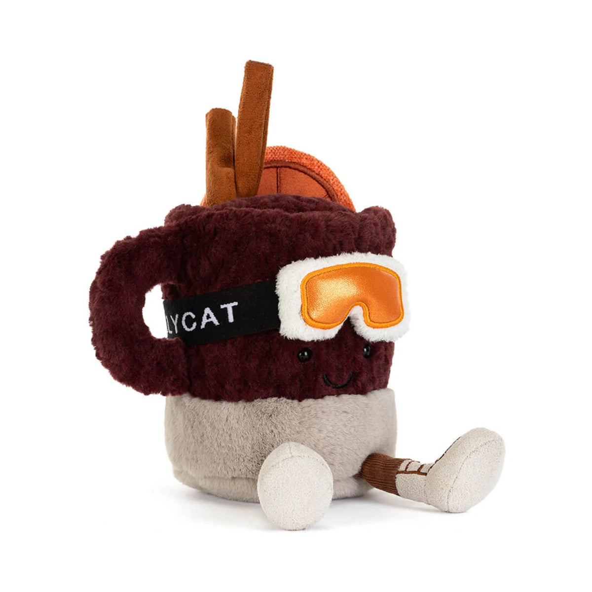 Front view of Jellycat Amuseables Mullover Spiced Drink showing stuffed cinnamon stick garnish.