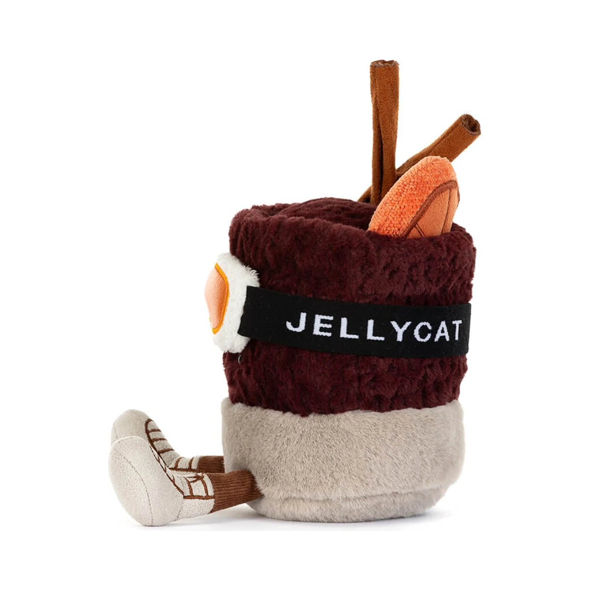 Side view of Jellycat Amuseables Mullover Spiced Drink showing sturdy beige corduroy feet.