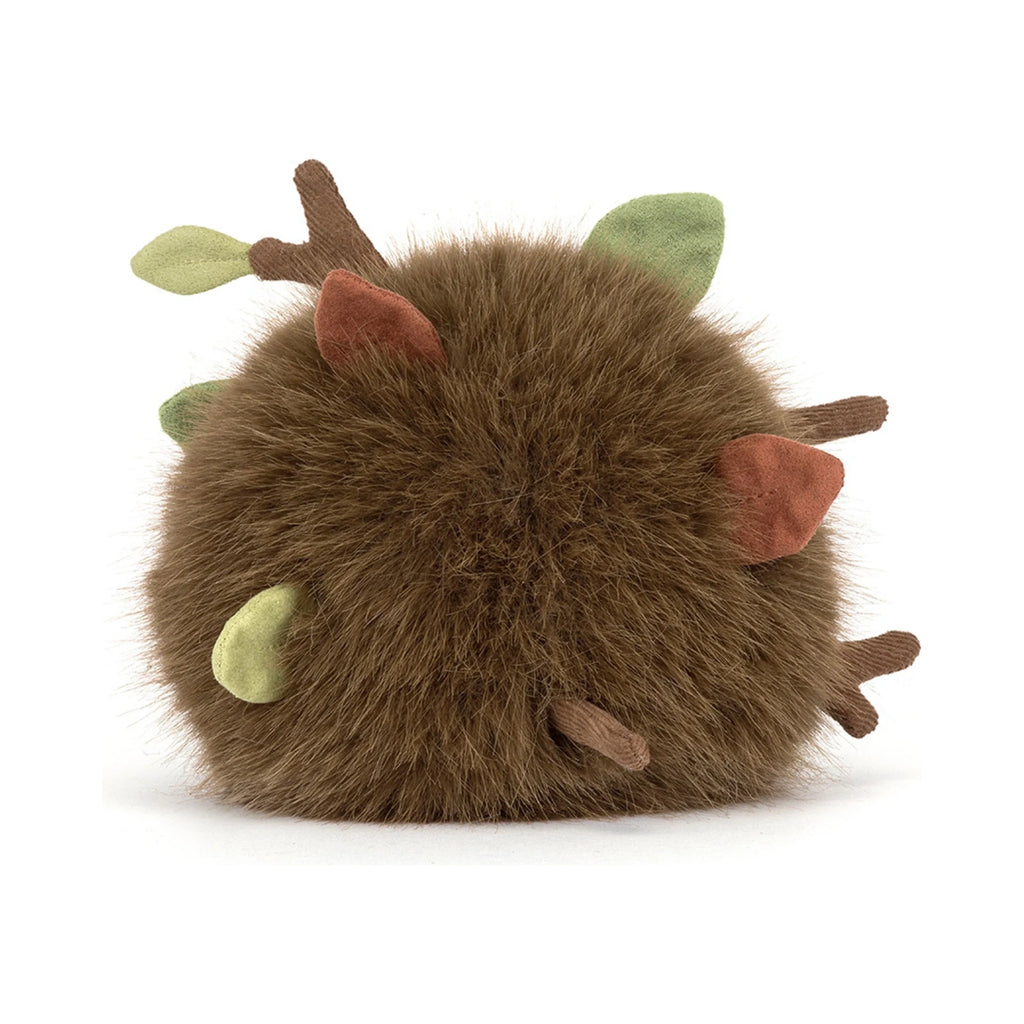 Back view of Jellycat Amuseables Mulshi Woodland Floor showing fluffy brown fur with felt leaf details.