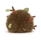 Back view of Jellycat Amuseables Mulshi Woodland Floor showing fluffy brown fur with felt leaf details.