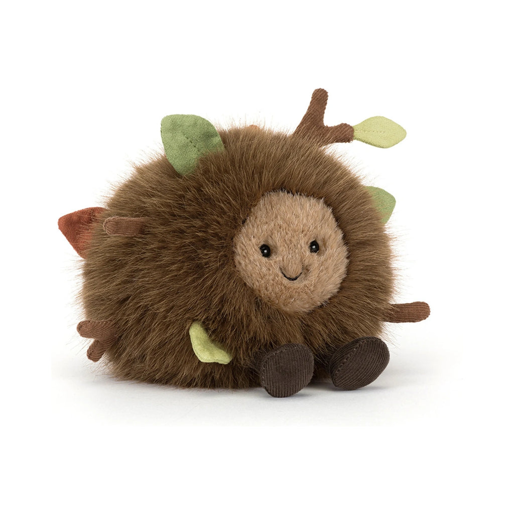 Front view of Jellycat Amuseables Mulshi Woodland Floor showing fluffy brown plush with green felt leaves.