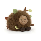 Front view of Jellycat Amuseables Mulshi Woodland Floor showing fluffy brown plush with green felt leaves.