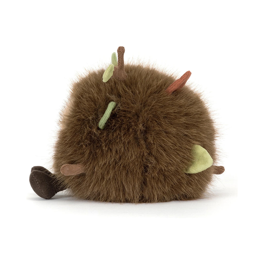 Side view of Jellycat Amuseables Mulshi Woodland Floor showing fluffy brown plush with soft corduroy feet.