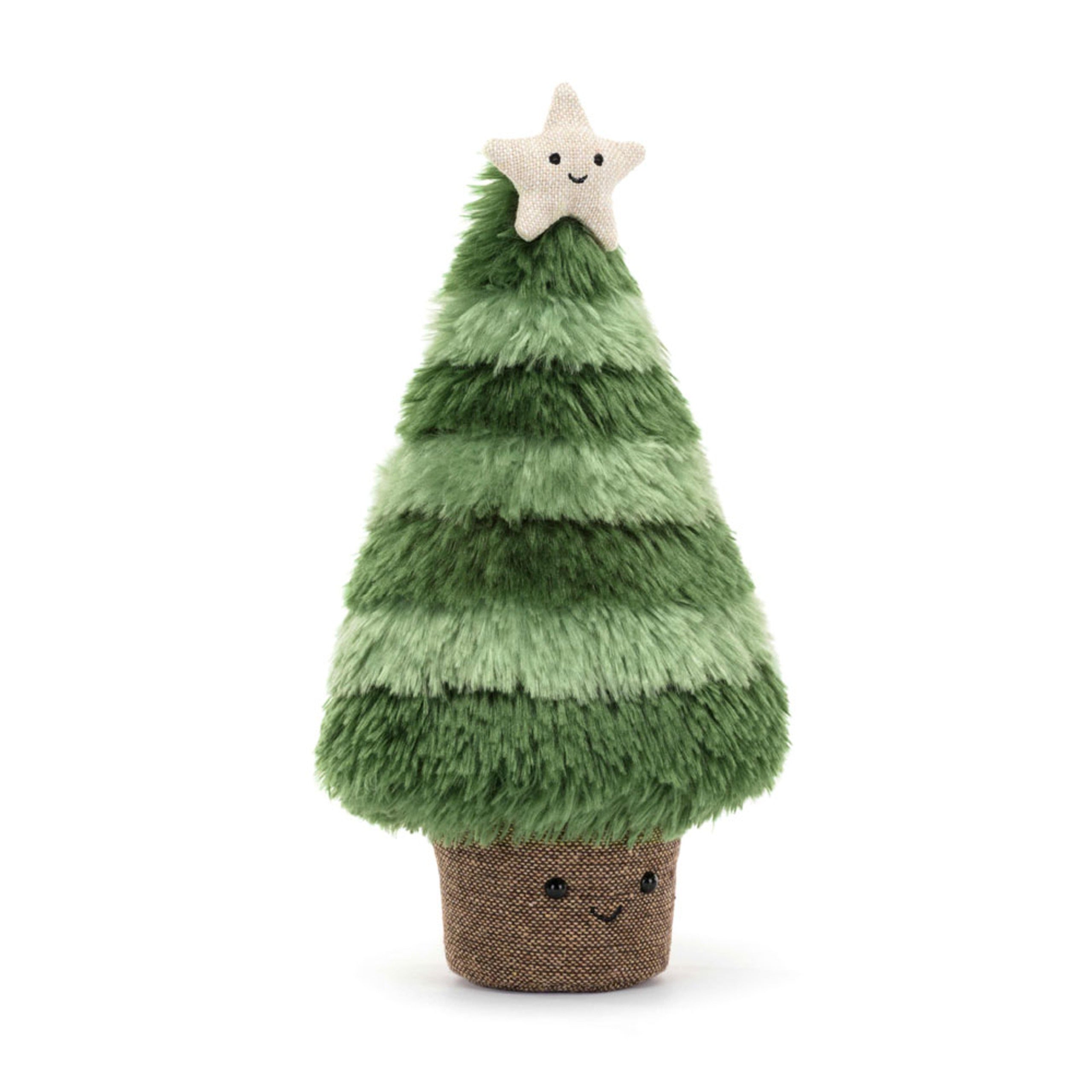Plush toy Christmas tree with a star on top against a white background