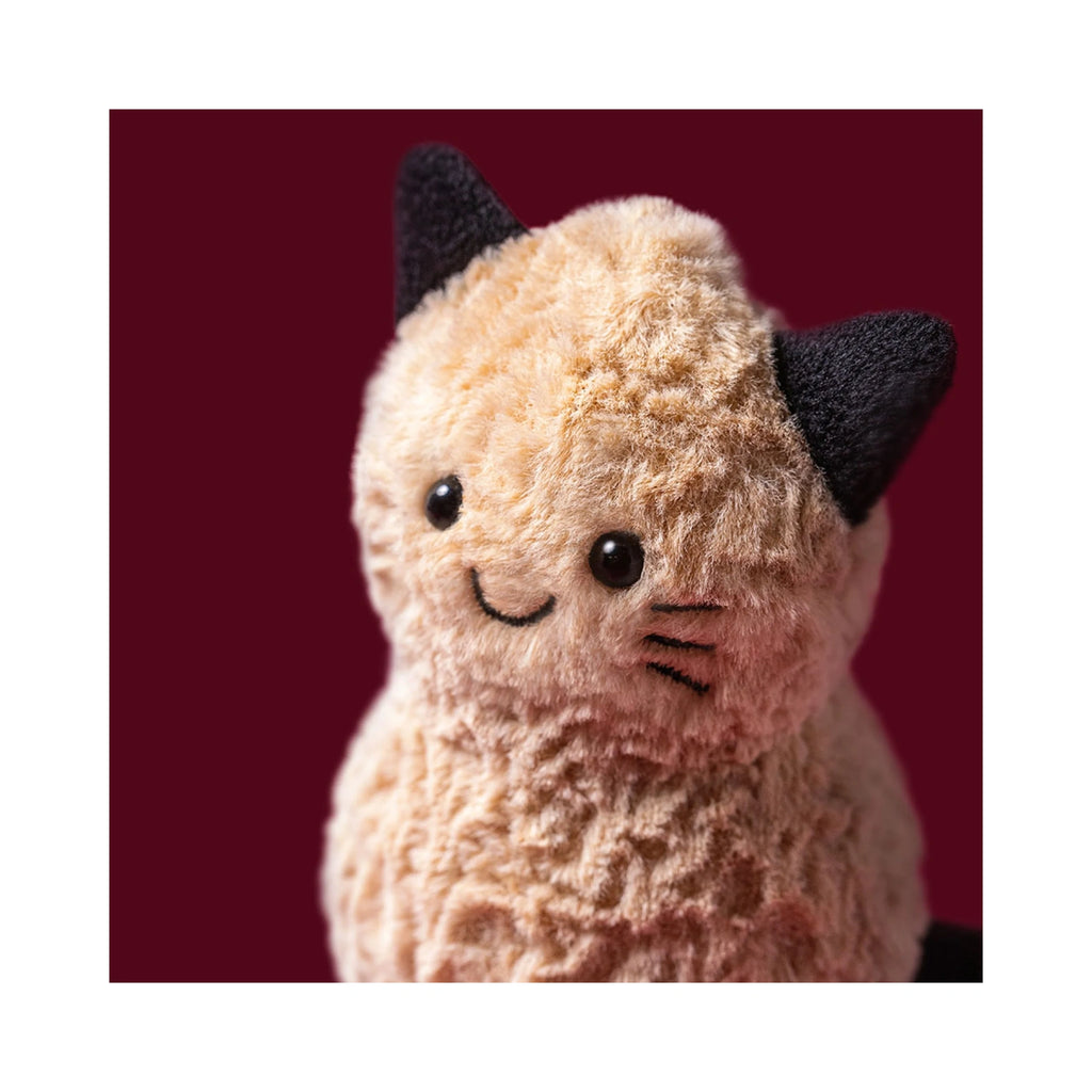 Jellycat Amuseables Peanut Cat Outfit showing red background close up face.