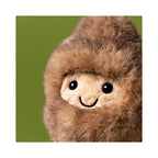 Close up detail of Jellycat Amuseables Peanut Yeti Outfit showing fluffy brown faux fur hood and smiling embroidered face.