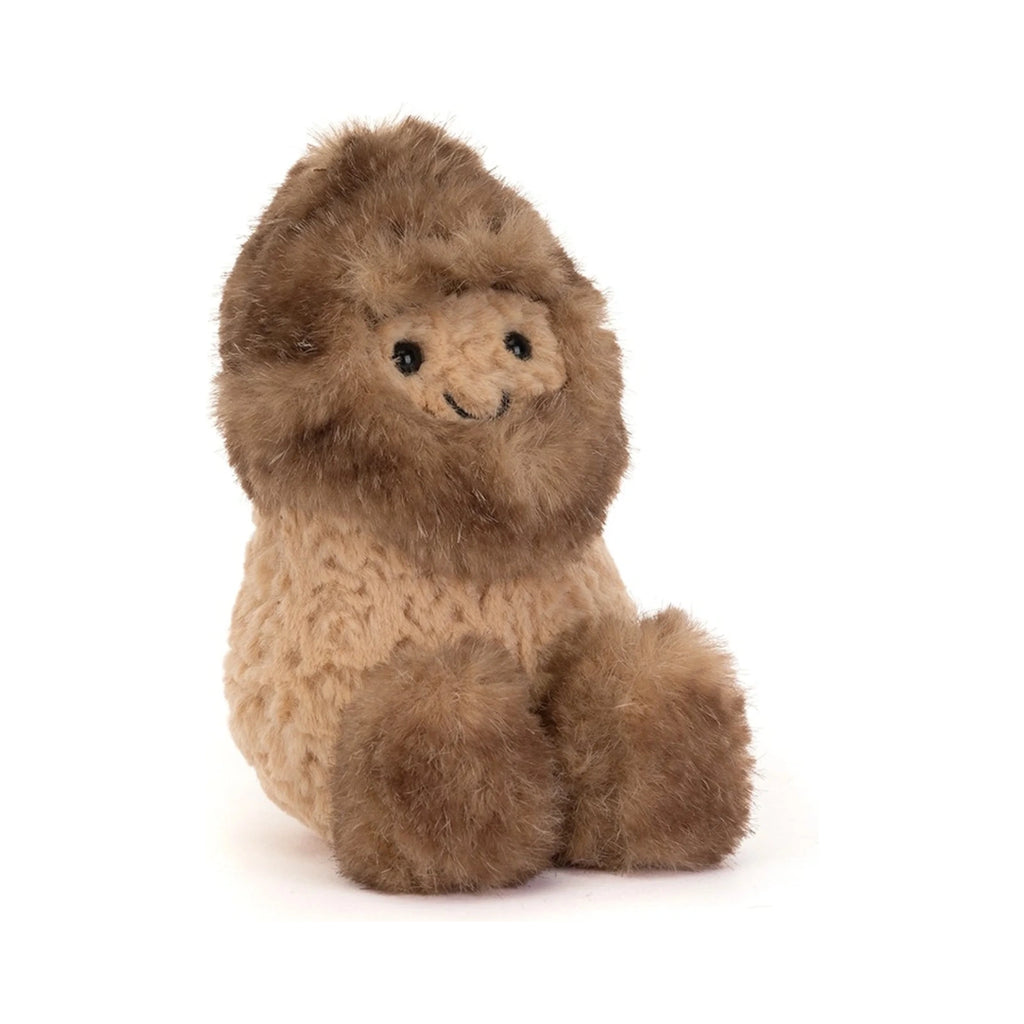 Front view of Jellycat Amuseables Peanut Yeti Outfit showing fluffy brown faux fur hood and beige plush body.