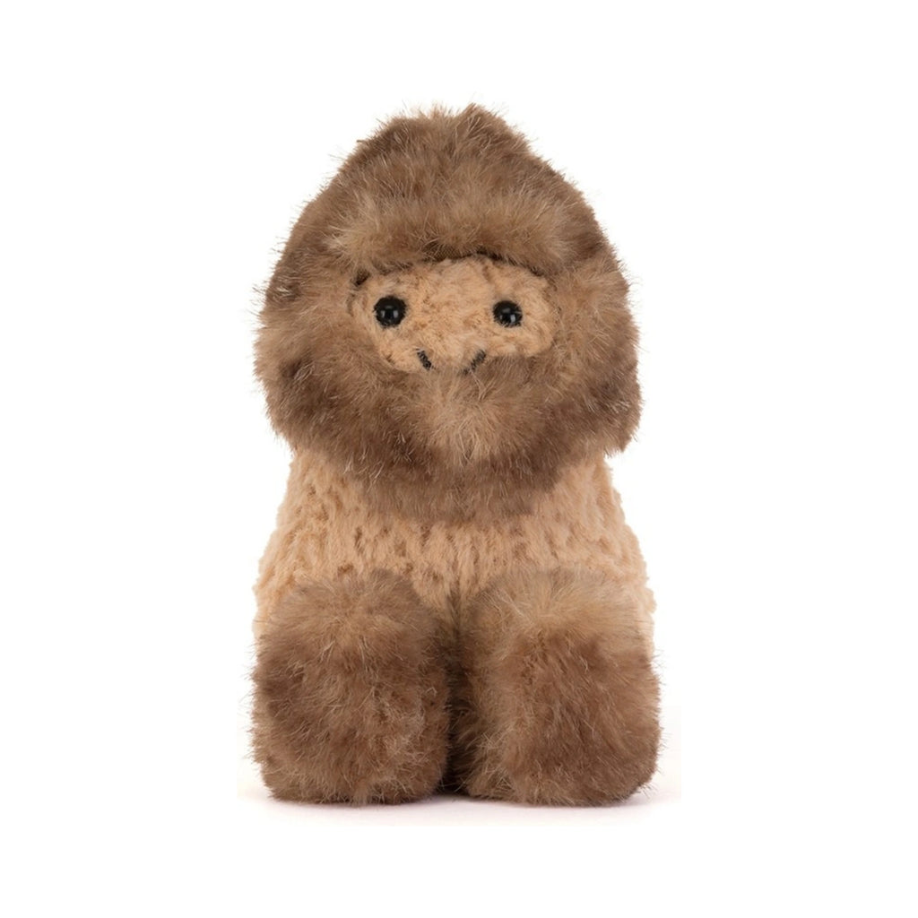 Front view of Jellycat Amuseables Peanut Yeti Outfit showing fluffy brown faux fur hood and soft plush textured body.