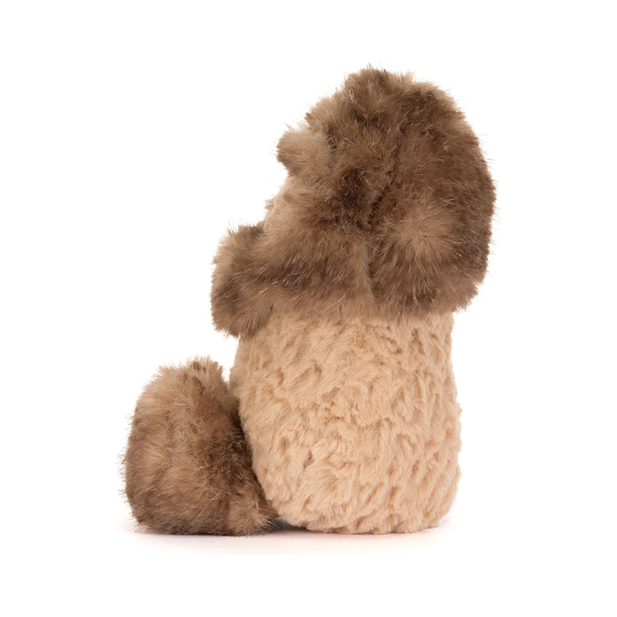 Side view of Jellycat Amuseables Peanut Yeti Outfit showing fluffy brown fur accents and beige plush.