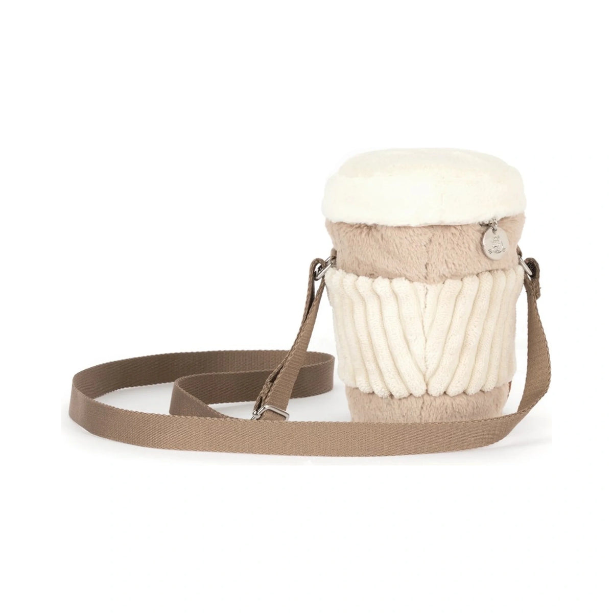 Back view of Jellycat Amuseables Perkle Coffee Shoulder Bag showing beige plush coffee cup and ribbed cream cozy.