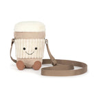 Front view of Jellycat Amuseables Perkle Coffee Shoulder Bag showing smiling embroidered face.