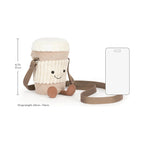 Jellycat Amuseables Perkle Coffee Shoulder Bag next to a 17 cm ruler and smartphone graphic for size comparison.