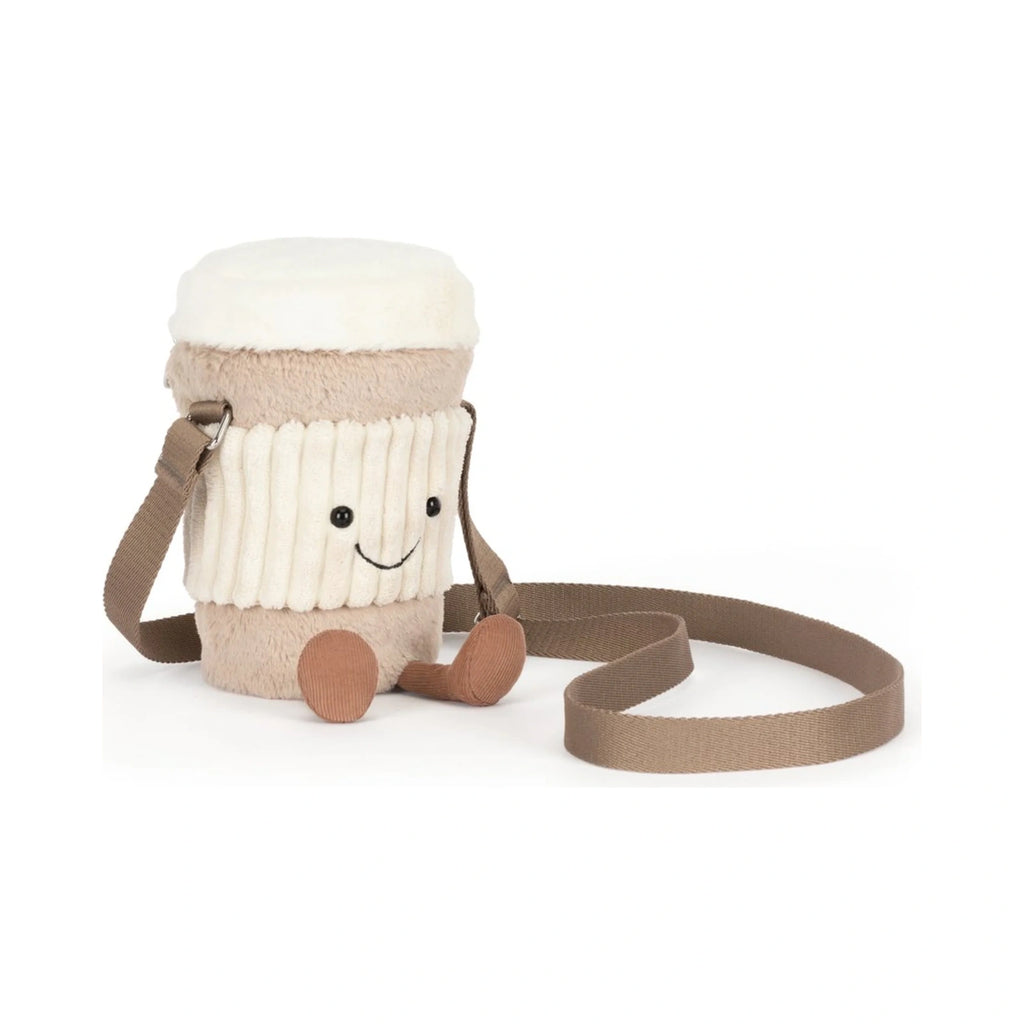 Front view of Jellycat Amuseables Perkle Coffee Shoulder Bag showing smiling embroidered face and corduroy wrap.